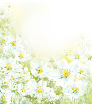 Vector floral background. White flowers on green bokeh background.