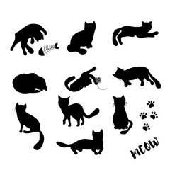 Doodles black cats silhouette vector collection on white background