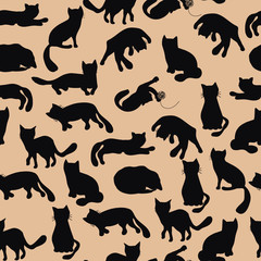 Doodle black funny cats seamless pattern, cats hand drawn silhouette vector collection 