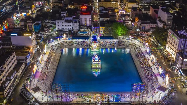Vishnu murti on boat, festival in Tirupati, India, 4k hyperlapse aerial
