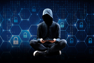 Computer hacker with mobile phone smartphone stealing data - obrazy, fototapety, plakaty