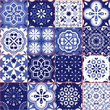 Portuguese or Spanish Azujelo vector seamless tiles design - Lisbon retro navy blue pattern, tile big collection