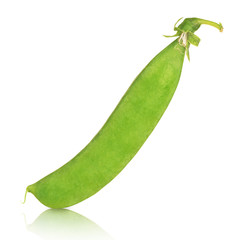 Pod, young green peas close-up isolated on white background