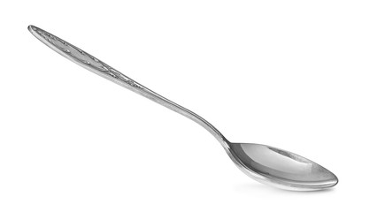 Silver dessert spoon on an isolated white background