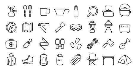 Camping and Outdoor Gear Icon Set (Thin Line Version)