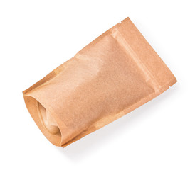 Closed cardboard bag isolated against white background
