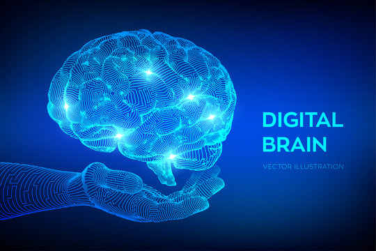 Brain. Digital brain in hand. 3D Science and Technology concept. Neural network. IQ testing, artificial intelligence virtual emulation science technology. Brainstorm think idea. Vector illustration.