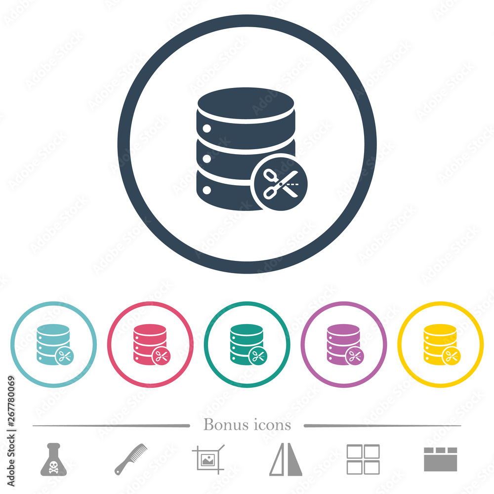 Poster database cut flat color icons in round outlines