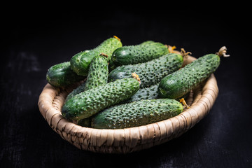 Fresh cucumbers in a basket