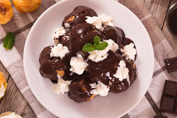 Chocolate profiteroles. 