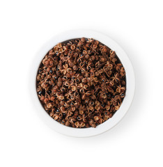 Dry Zanthozylum limonella Alston. spices in thai land in a generic ceramic bowl on white background. top view