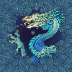 The Dragon head appearing from the lush foliage of the dark mysterious forest. Design for a tattoo, textile print or badge. EPS10 vector illustration