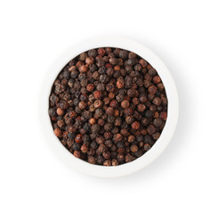 Peppercorns in bowl isolated on white background. top view.