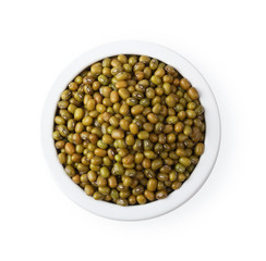 Soybean seeds in bowl Isolated on a white background top view