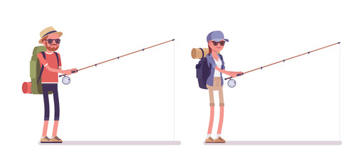 Hiking man, woman fishing with a rod. Tourists with backpacking gear, wearing clothes for outdoor walks, sporting, leisure activity. Vector flat style cartoon illustration isolated, white background