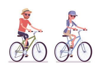 Obraz premium Hiking man, woman riding a bike. Cyclist tourists wearing clothes for long outdoor walks, sporting or leisure activity across country. Vector flat style cartoon illustration isolated, white background