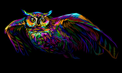 Long-eared owl in flight. Abstract multicolored image on a black background.