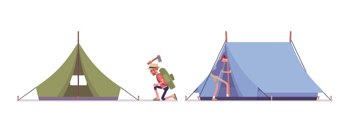 Hiking man and woman setting up a tent in camp. Tourists wearing clothes for outdoor walks, summer sporting or leisure activity. Vector flat style cartoon illustration isolated, white background