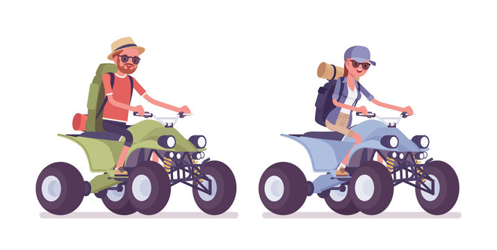 Hiking man, woman riding a quad bike. Tourists with backpacking gear, wearing clothes for outdoor walks, sporting or leisure activity. Vector flat style cartoon illustration isolated, white background