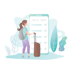 Cute Female with backpack and suitcase, big mobile phone with online check-in