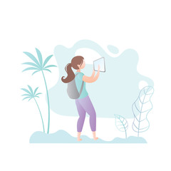 Girl with backpack and tablet pc,female character profile view