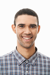 Obraz premium Close up of a happy young man wearing plaid t-shirt