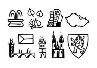 Flag, map, architecture, symbols of Czech Republic, black and white icon set