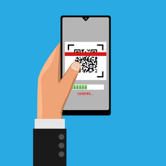 Hand holding smartphone and scanning QR code. Vector illustration..