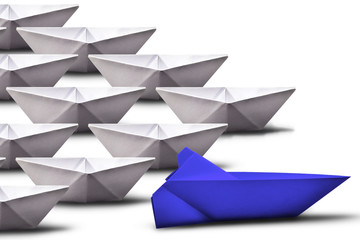 paper boats alone in Indian queue, white background. Concept of unity and teamwork