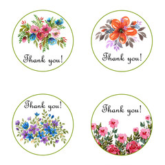 Set of beautiful round floral thank you stickers watercolor flowers botanical template