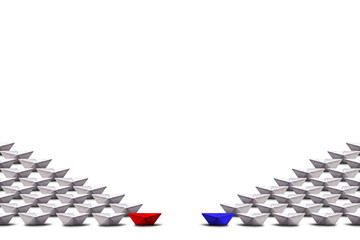 Concept of impasse or social problem. Several paper boats standing on isolated white background