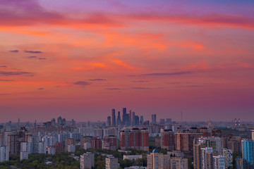 Moscow pink sunset panoramic shot of the City 
