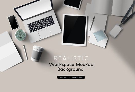 A workplace top view desk mockup. Realistic Vector office accessories.