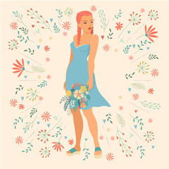Obraz na płótnie Canvas Vector illustration of a spring girl with a bouquet of flowers