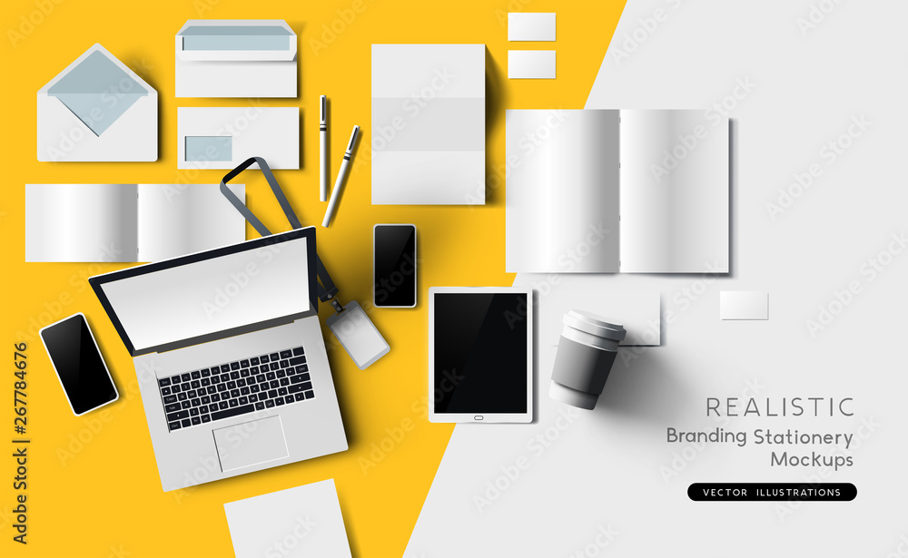 Wall mural top view of identity and branding stationary and products. mockup template vector illustration. - Wall murals