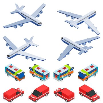 selection of transport isometric cars and airplanes