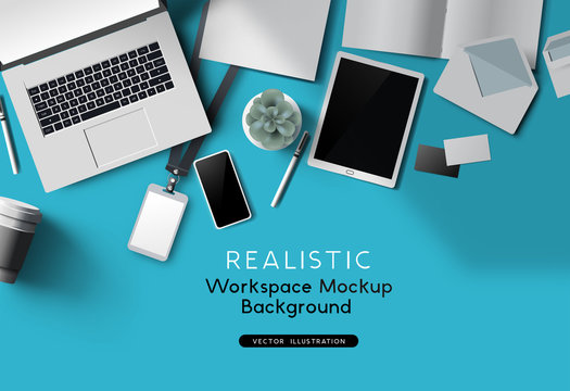 Realistic Vector office desk top view with a notebook and accessories. Vector mockup scene template.