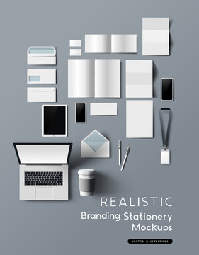A Realistic And Detailed Collection Of Business Office Branding And Identity Stationery Mockups, With Smartphones, Tablet, Notebook And Brochures. Vector Illustration.