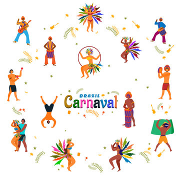 Brazil Carnival poster or banner design with dancing people character and bunting decoration on white background.