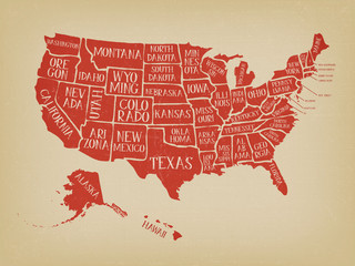 Vintage American Map Poster With States Names/ Illustration of a vintage grunge textured american map background, with names of the fifty states - 267786258