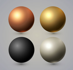 Realistic Spheres Set with Reflection. Gold, Copper, Silver, Black.