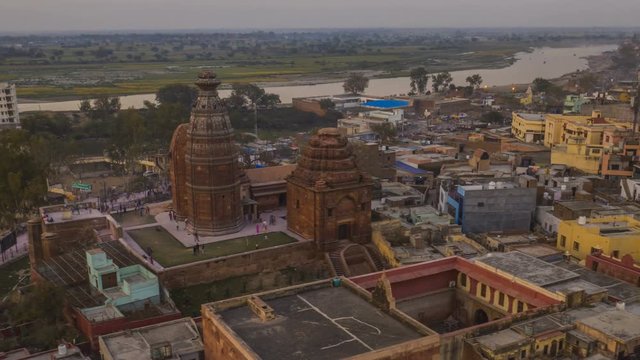 Madan Mohan temple in Vrindavan, 4k aerial hyperlapse with drone