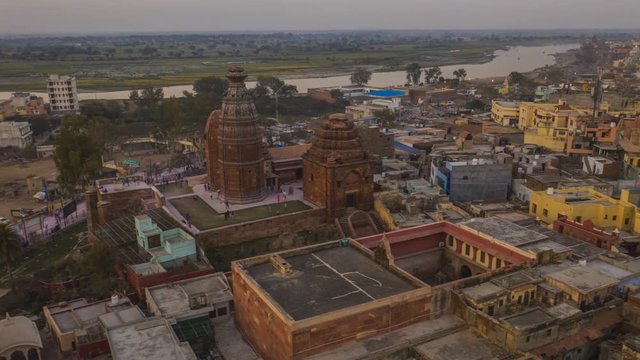 Madan Mohan temple in Vrindavan, 4k aerial hyperlapse with drone