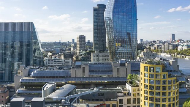 Panoramic view of south bank of the river Thames, One Blackfriars tower, Bankside Lofts and roof of Sampson House in the foreground. Time lapse, London, UK.
