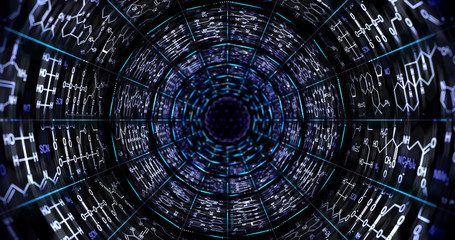 Molecular chemical formulas forming an endless tunnel with dots and lines of atomic lattices