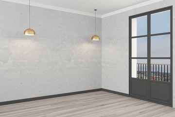 An empty room with light walls, two lamps and a balcony. 3D rendering.