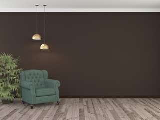 Green chair against a brown wall with two lamps. 3D rendering.