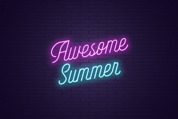 Neon lettering of Awesome Summer. Glowing text