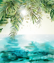 Fototapeta na wymiar Blue seaside Summer tropic card Vector watercolor. Palm leaves and sunshine views