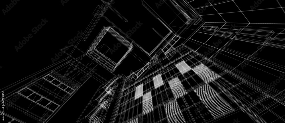 Fototapete architecture building space design concept 3d perspective white wire frame rendering black backgroun